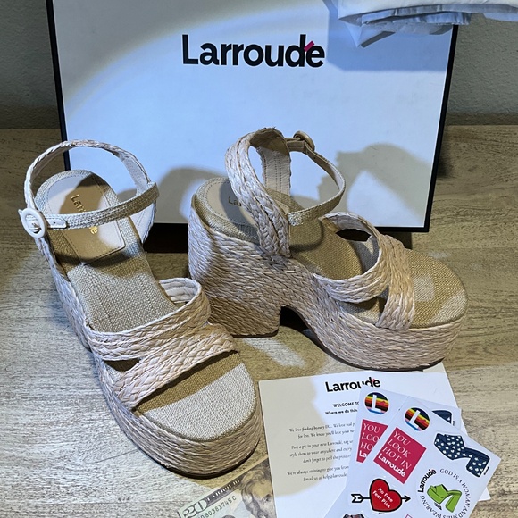 NEW Larroude Carmen 145mm Raffia Platform Sandals Size 9 Natural Beige Open Toe - Picture 2 of 11